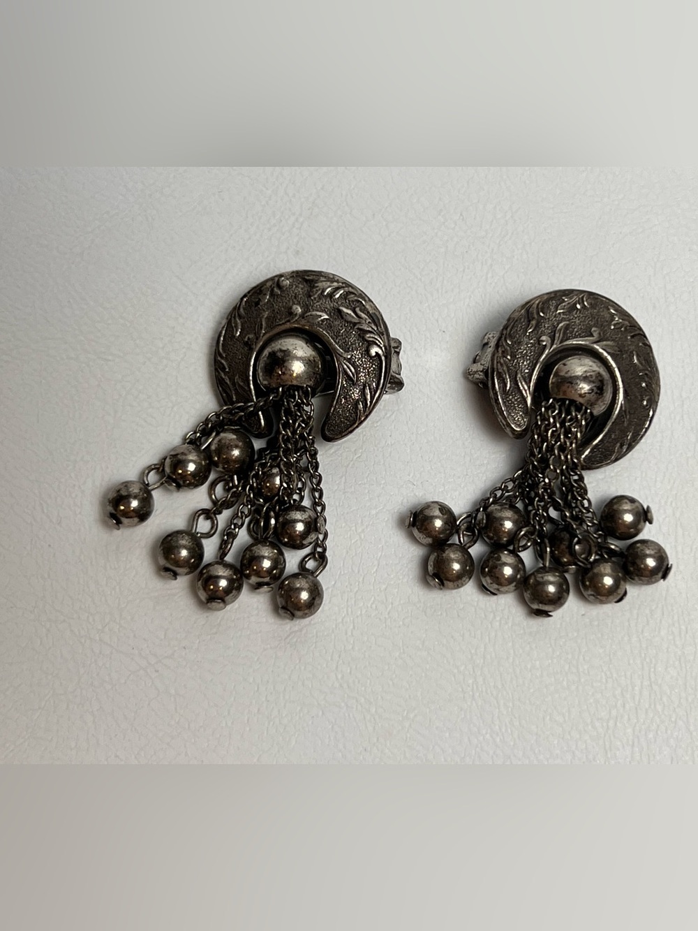 VTG Bartek Silver Tone Clip On Earrings Engraving Dangle Drop Ball Tassel